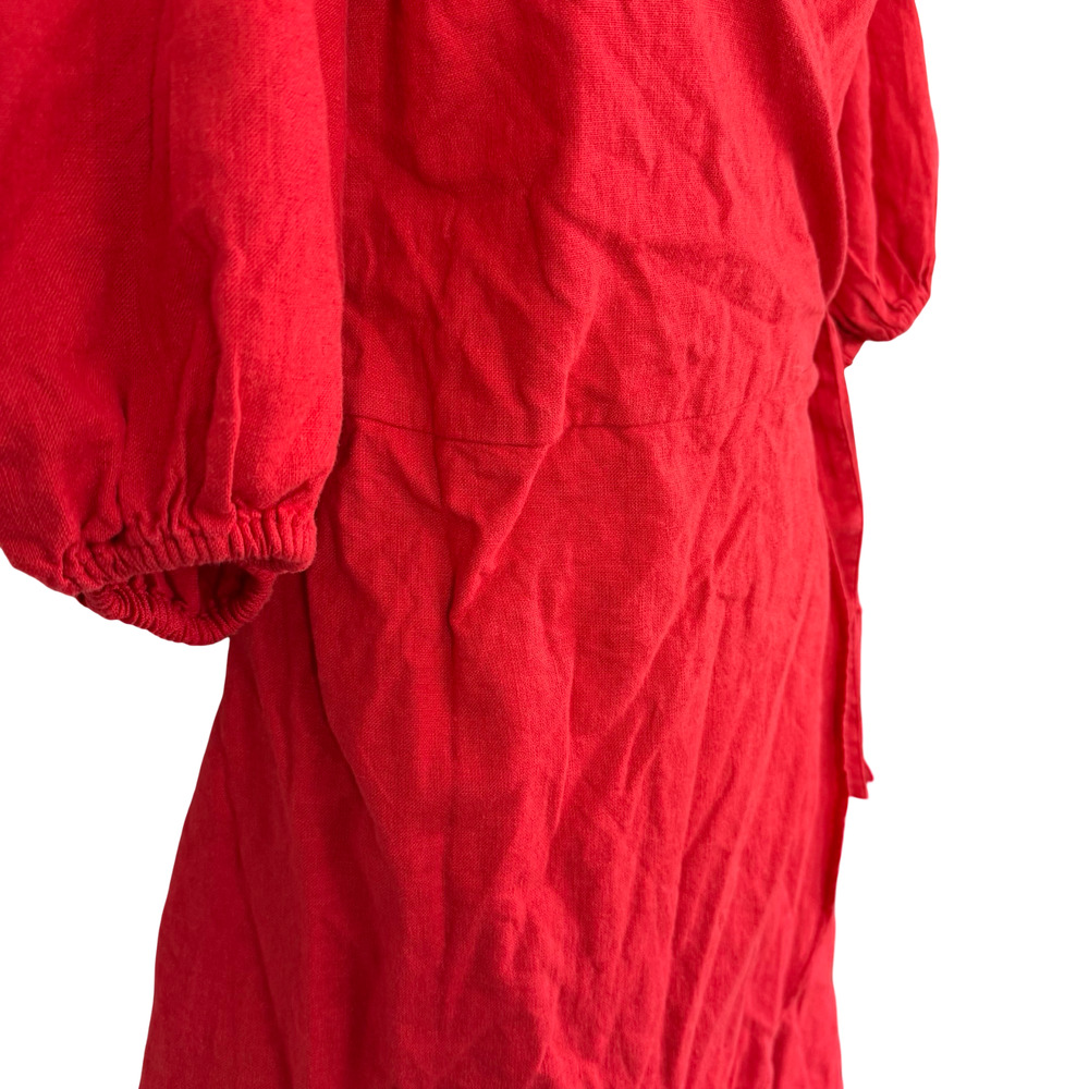 Abercrombie & Fitch Red Linen Puff Sleeve Wrap Smocked Mini Dress NWT sz L Tall - Picture 3 of 16